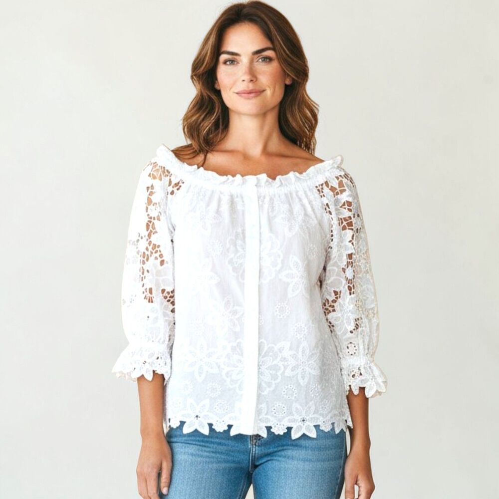 Kate Spade White Broderie Anglaise Lace 3/4 Sleeve Gathered Blouse Womens XXS